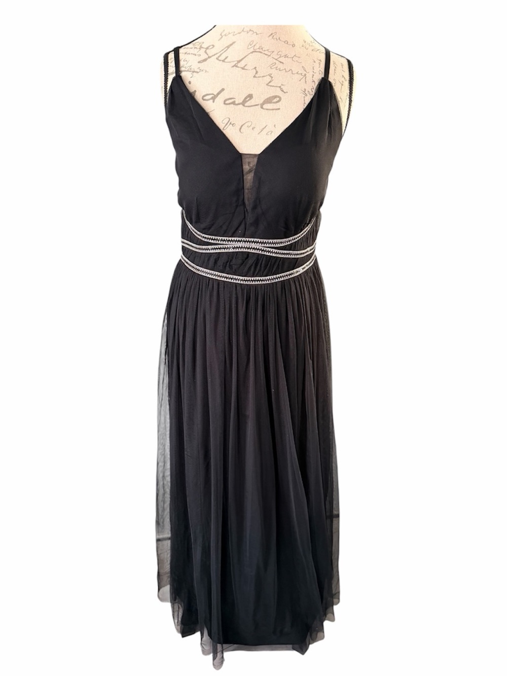 Candalite Black Mesh Maxi Dress with Beaded Waist Detail – Size L